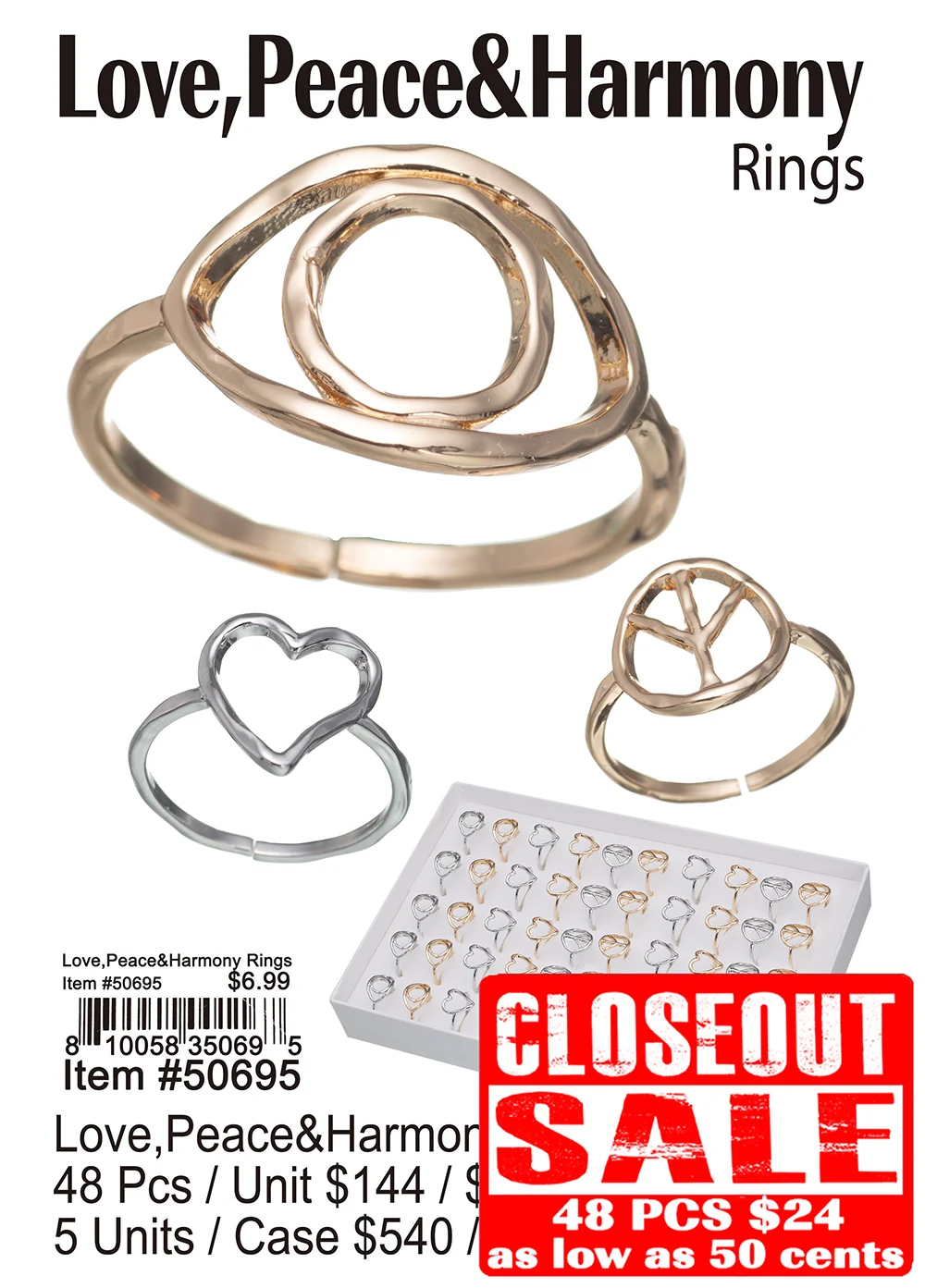 Love Peace Harmony Rings - Closeout 48 Pcs.